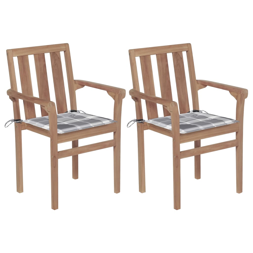 vidaXL Καρέκλες Κήπου 2 τεμ. από Μασίφ Ξύλο Teak & Γκρι Καρό Μαξιλάρια
