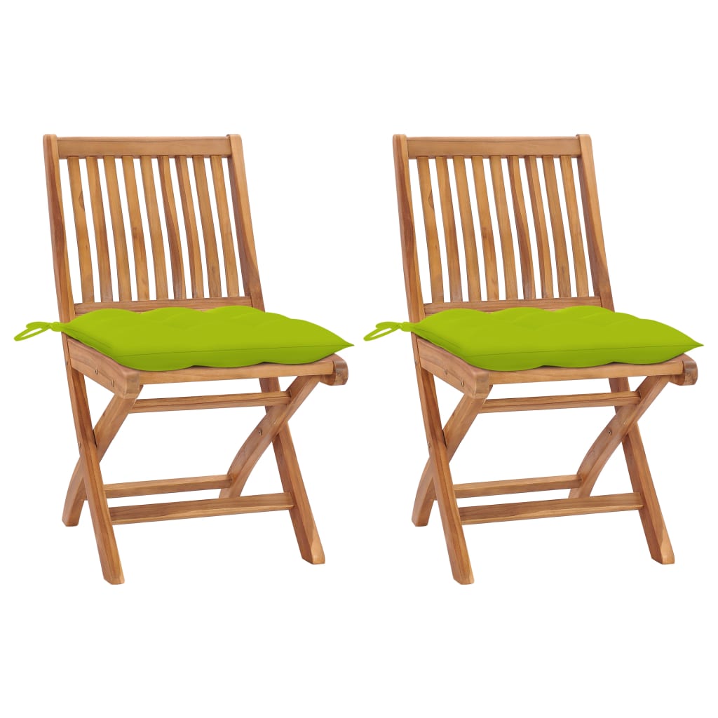 vidaXL Καρέκλες Κήπου 2 τεμ. Μασίφ Ξύλο Teak με Φωτ. Πράσινα Μαξιλάρια
