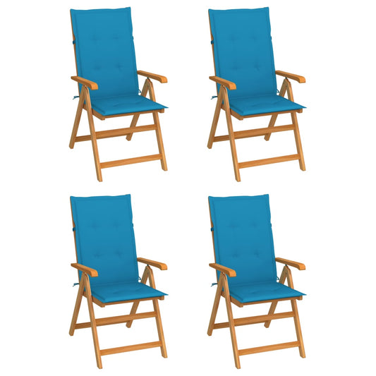 vidaXL Καρέκλες Κήπου 4 Τεμαχίων από Μασίφ Ξύλο Teak με Μπλε Μαξιλάρια