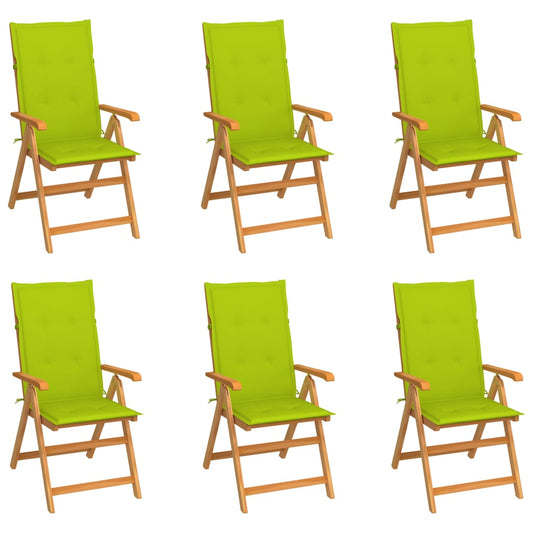 vidaXL Καρέκλες Κήπου 6 τεμ. Μασίφ Ξύλο Teak με Φωτ. Πράσινα Μαξιλάρια