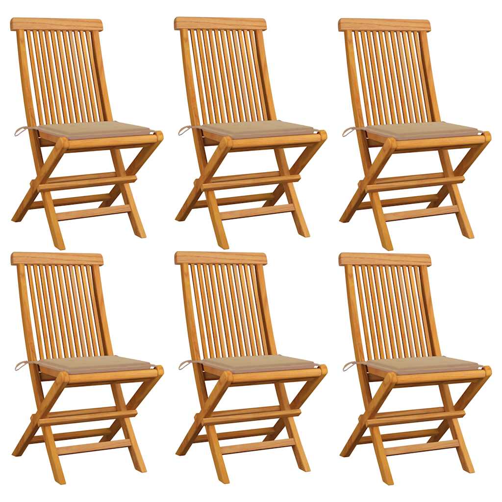 vidaXL Καρέκλες Κήπου 6 τεμ. από Μασίφ Ξύλο Teak με Μπεζ Μαξιλάρια