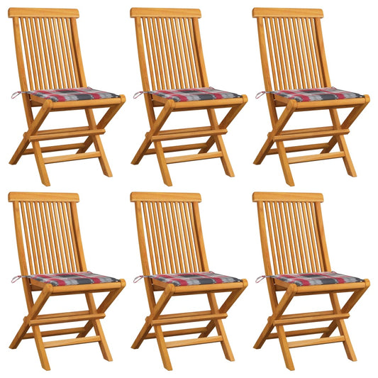 vidaXL Καρέκλες Κήπου 6 τεμ. Μασίφ Ξύλο Teak με Κόκκινα Καρό Μαξιλάρια