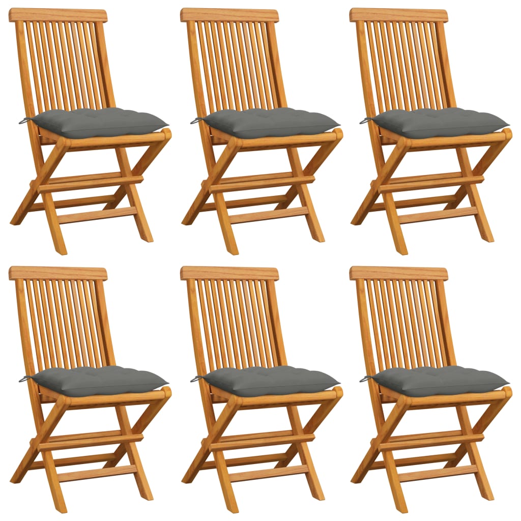 vidaXL Καρέκλες Κήπου 6 Τεμαχίων από Μασίφ Ξύλο Teak με Γκρι Μαξιλάρια