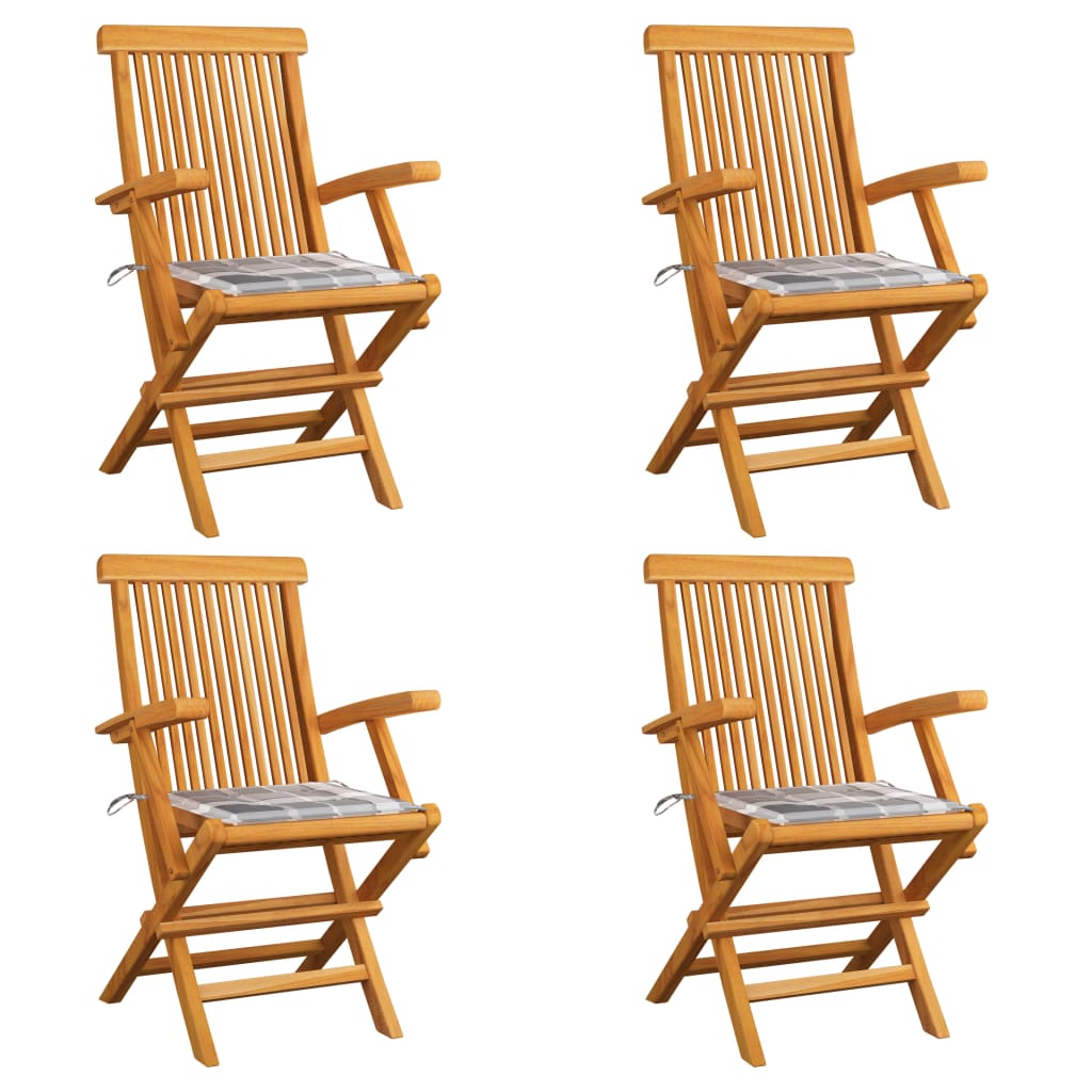 vidaXL Καρέκλες Κήπου 4 τεμ. Μασίφ Ξύλο Teak με Γκρι Καρό Μαξιλάρια