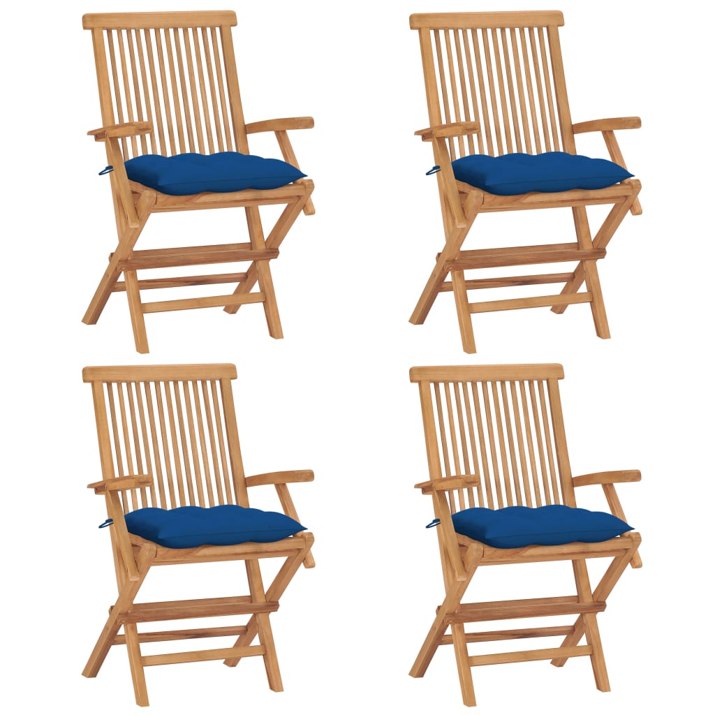 vidaXL Καρέκλες Κήπου 4 τεμ. από Μασίφ Ξύλο Teak με Μπλε Μαξιλάρια