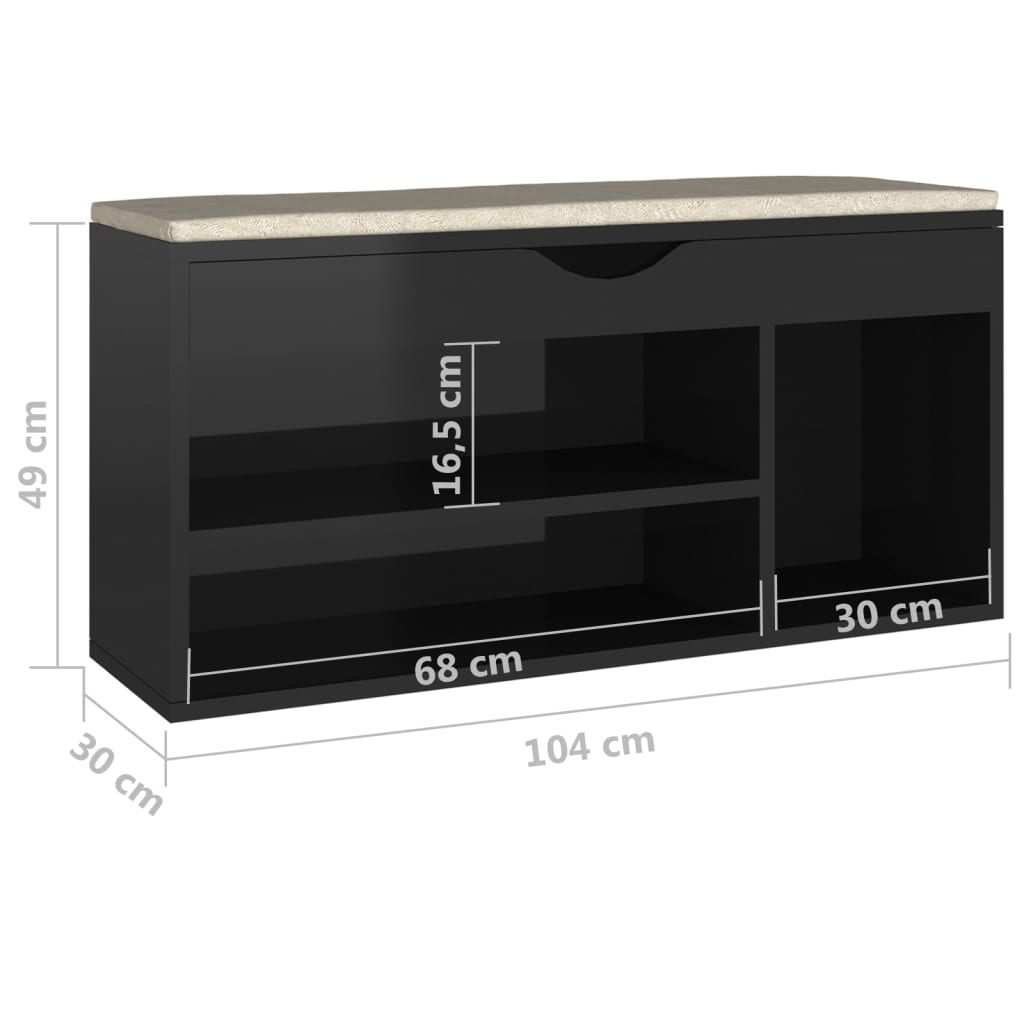 vidaXL Παπουτσοθήκη Γυαλ. Μαύρη 104x30x49εκ. Επεξ. Ξύλο με Μαξιλάρι