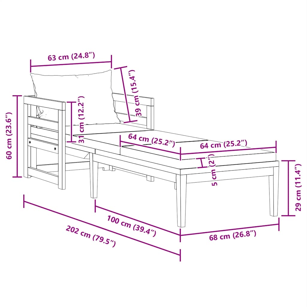 vidaXL Ξαπλώστρα από Μασίφ Ξύλο Ακακίας με Κρεμ / Λευκά Μαξιλάρια
