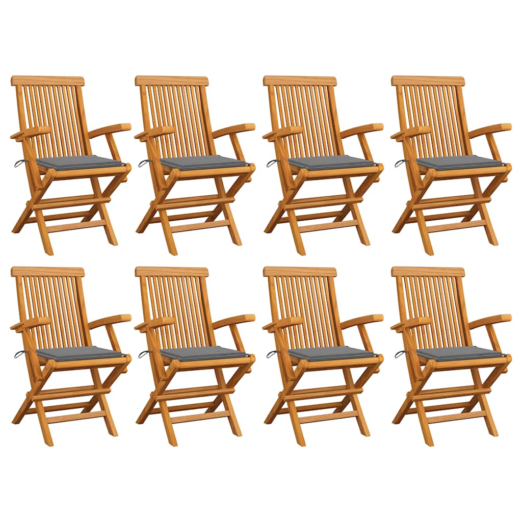 vidaXL Καρέκλες Κήπου 8 τεμ. Μασίφ Ξύλο Teak με Γκρι Μαξιλάρια