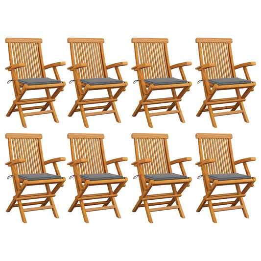 vidaXL Καρέκλες Κήπου 8 τεμ. Μασίφ Ξύλο Teak με Γκρι Μαξιλάρια
