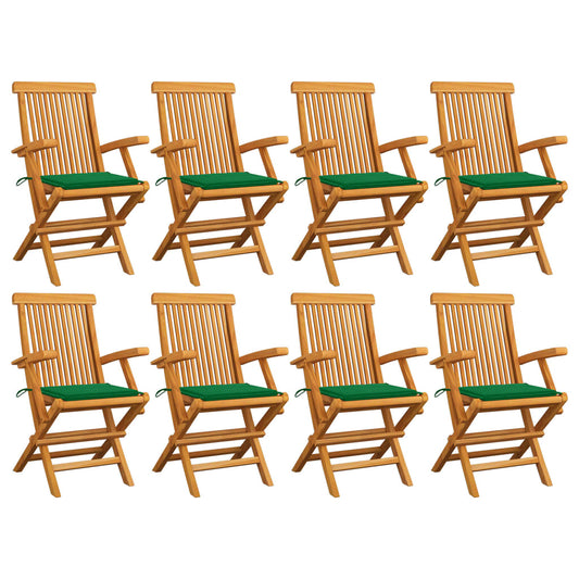 vidaXL Καρέκλες Κήπου 8 τεμ. Μασίφ Ξύλο Teak με Πράσινα Μαξιλάρια