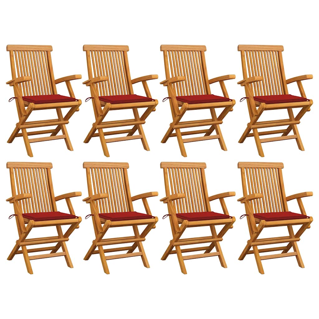 vidaXL Καρέκλες Κήπου 8 τεμ. από Μασίφ Ξύλο Teak με Κόκκινα Μαξιλάρια