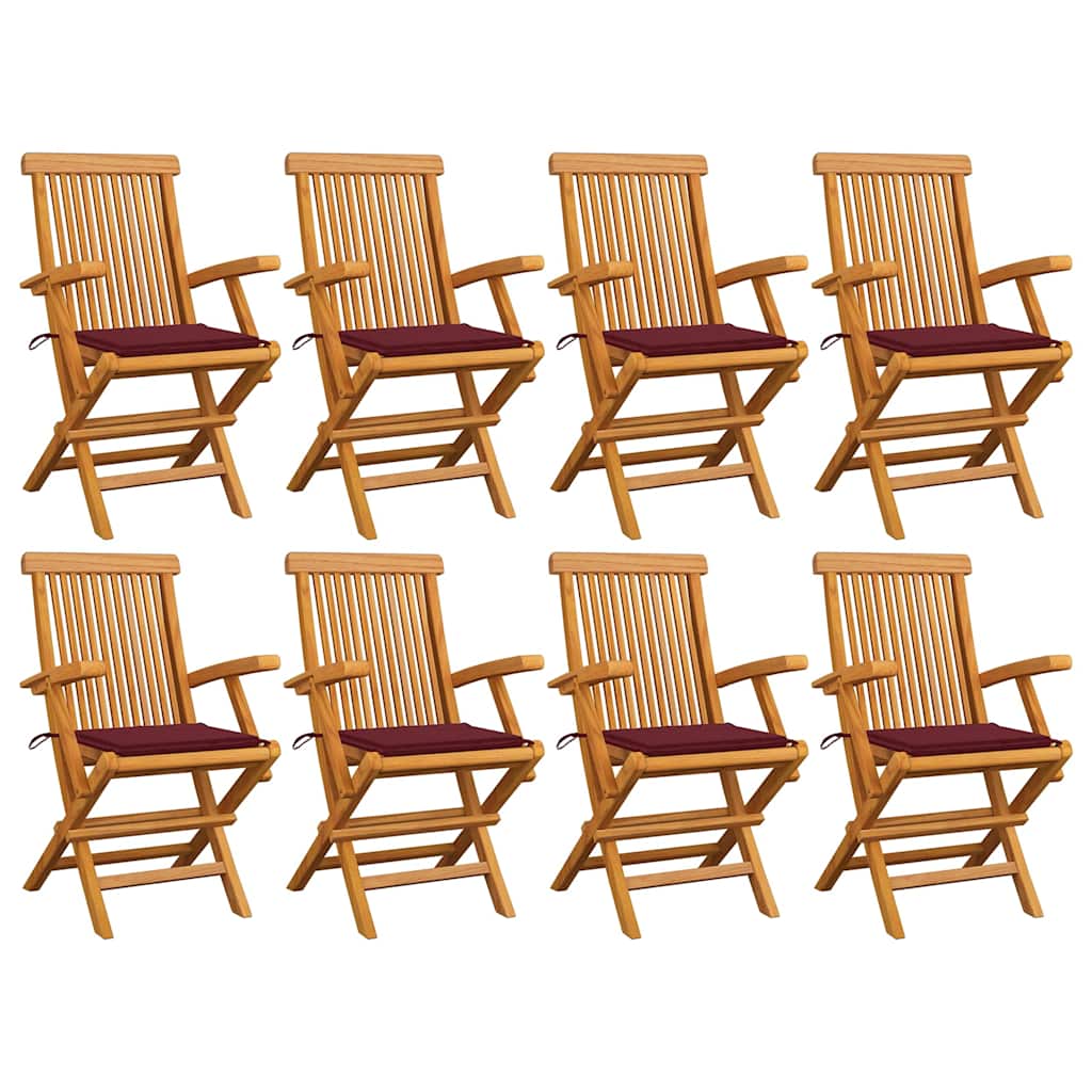 vidaXL Καρέκλες Κήπου 8 τεμ. από Μασίφ Ξύλο Teak με Μπορντό Μαξιλάρια