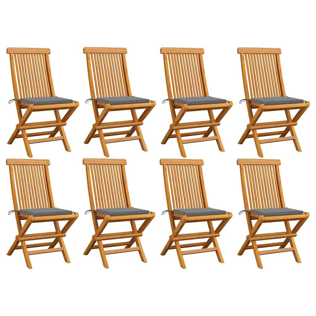 vidaXL Καρέκλες Κήπου 8 τεμ. Μασίφ Ξύλο Teak με Γκρι Μαξιλάρια