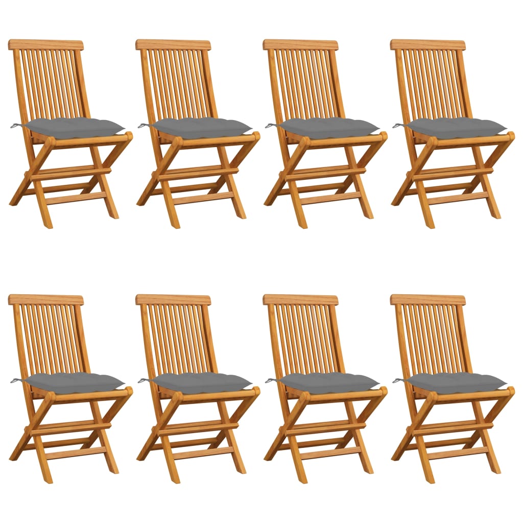 vidaXL Καρέκλες Κήπου 8 τεμ. Μασίφ Ξύλο Teak με Γκρι Μαξιλάρια