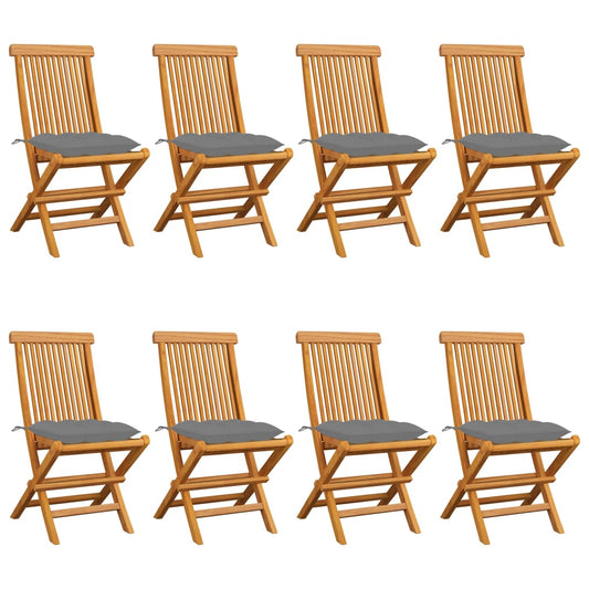vidaXL Καρέκλες Κήπου 8 τεμ. Μασίφ Ξύλο Teak με Γκρι Μαξιλάρια