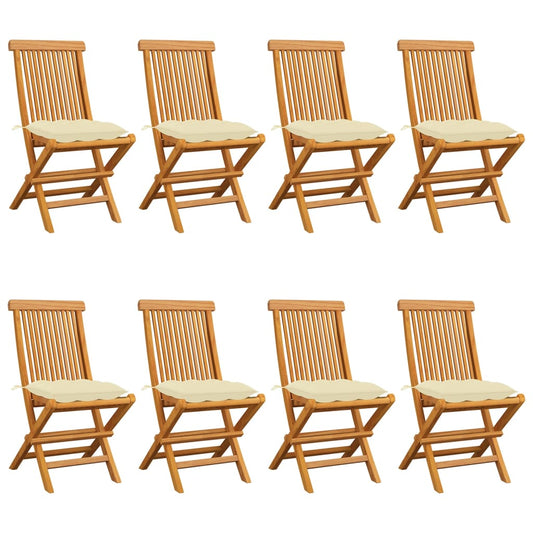 vidaXL Καρέκλες Κήπου 8 τεμ. Μασίφ Ξύλο Teak με Λευκά Κρεμ Μαξιλάρια