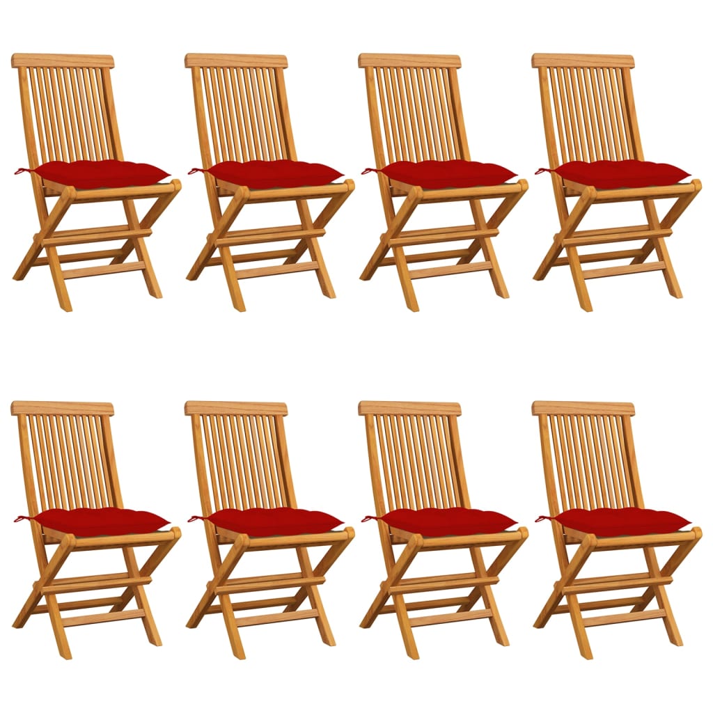 vidaXL Καρέκλες Κήπου 8 τεμ. από Μασίφ Ξύλο Teak με Κόκκινα Μαξιλάρια