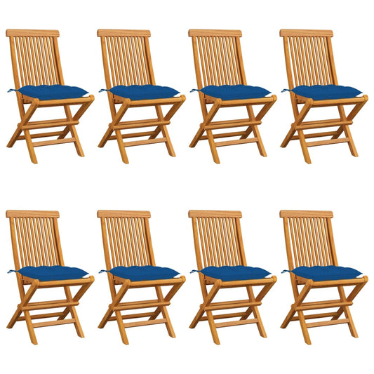 vidaXL Καρέκλες Κήπου 8 τεμ. από Μασίφ Ξύλο Teak με Μπλε Μαξιλάρια