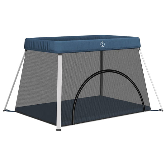 vidaXL Παρκοκρέβατο Βρεφικό Ναυτικό Μπλε από Λινό Ύφασμα με Στρώμα