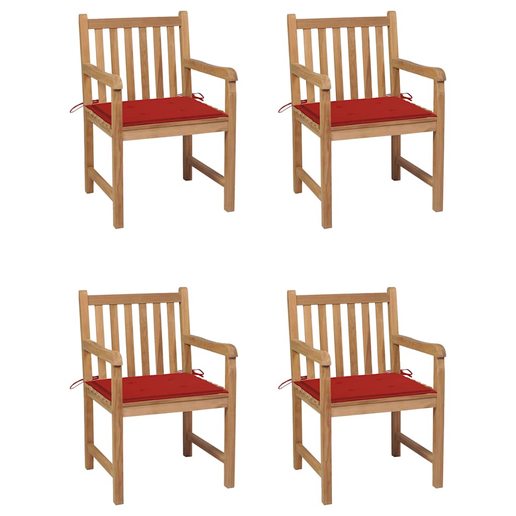 vidaXL Καρέκλες Κήπου 4 τεμ. από Μασίφ Ξύλο Teak με Κόκκινα Μαξιλάρια