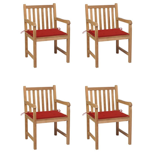 vidaXL Καρέκλες Κήπου 4 τεμ. από Μασίφ Ξύλο Teak με Κόκκινα Μαξιλάρια