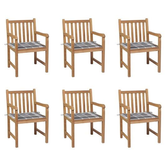 vidaXL Καρέκλες Κήπου 6 τεμ. από Μασίφ Ξύλο Teak & Γκρι Καρό Μαξιλάρια