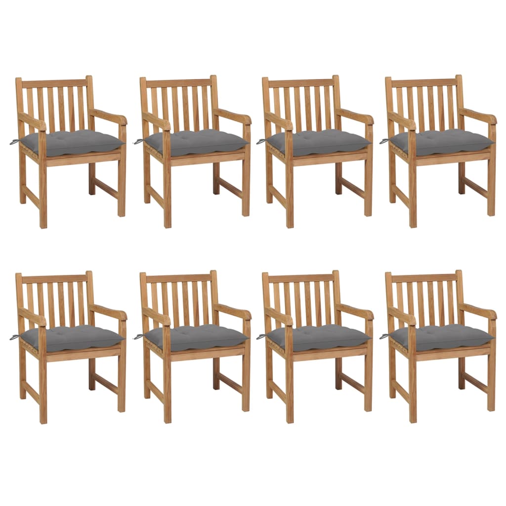 vidaXL Καρέκλες Κήπου 8 Τεμαχίων από Μασίφ Ξύλο Teak με Γκρι Μαξιλάρια