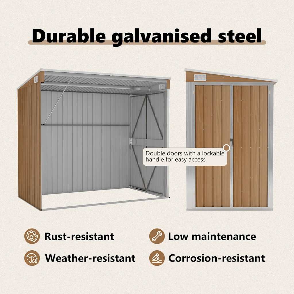 vidaXL Αποθήκη Κήπου Επιτοίχια Καφέ 118x194x178 εκ. από Γαλβ. Ατσάλι