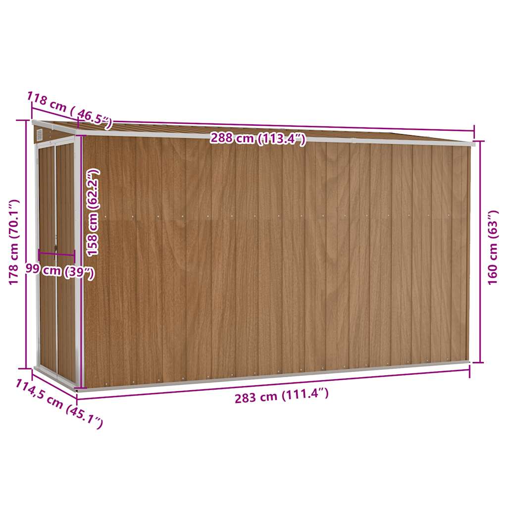 vidaXL Αποθήκη Κήπου Επιτοίχια Καφέ 118x288x178 εκ από Γαλβ. Ατσάλι
