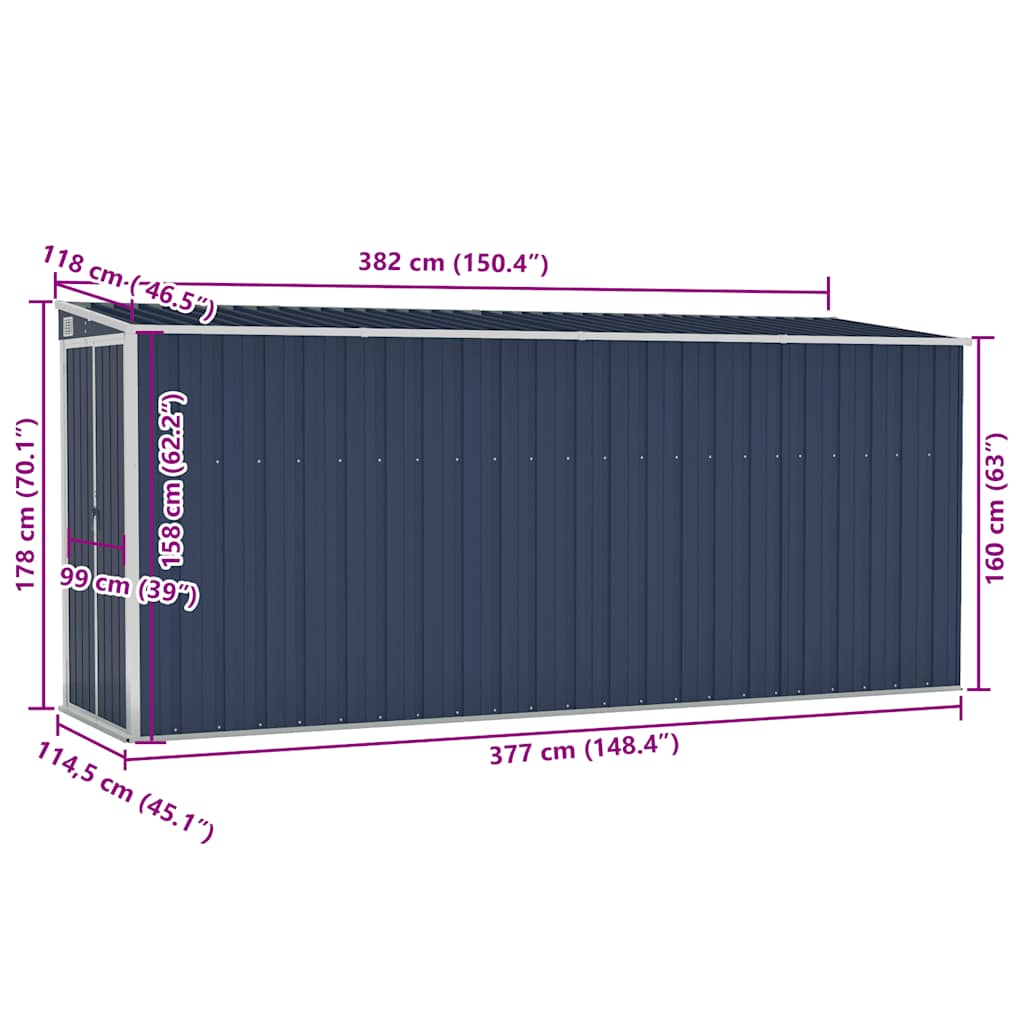 vidaXL Αποθήκη Κήπου Επιτοίχια Ανθρακί 118 x 382 x 178 εκ. από Ατσάλι