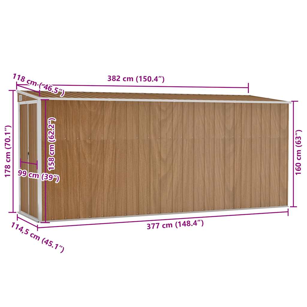 vidaXL Αποθήκη Κήπου Επιτοίχια Καφέ 118x382x178 εκ. από Γαλβ. Ατσάλι