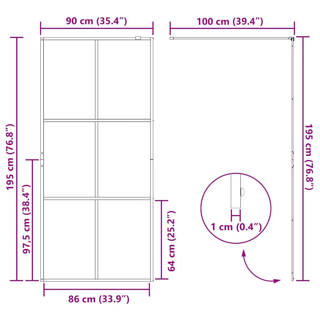 vidaXL Διαχωριστικό Ντουζιέρας Μαύρο 90 x 195 εκ. Διαφανές Γυαλί ESG