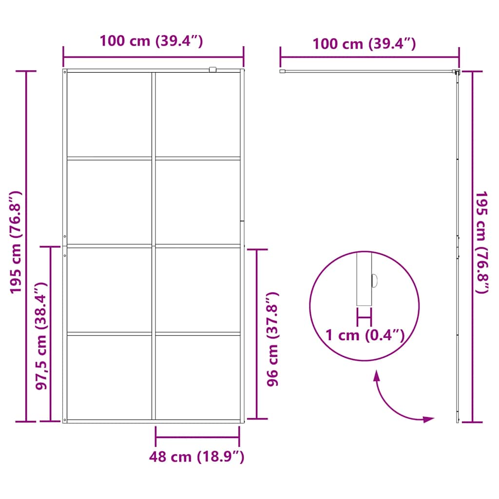 vidaXL Διαχωριστικό Ντουζιέρας Μαύρο 100 x 195 εκ. Διαφανές Γυαλί ESG