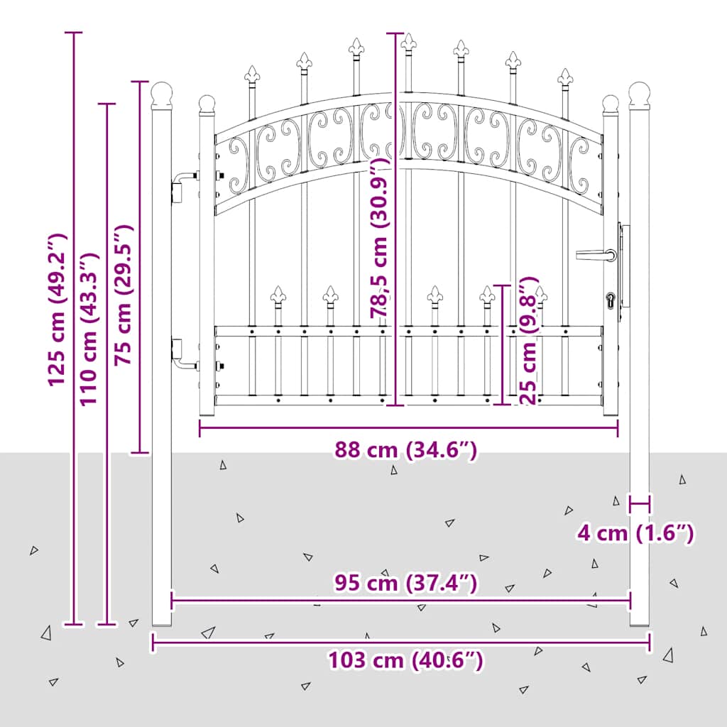 vidaXL Πόρτα Περίφραξης KAMPEN με Κορυφή Δόρυ Μαύρη 103x75 εκ. Ατσάλινη