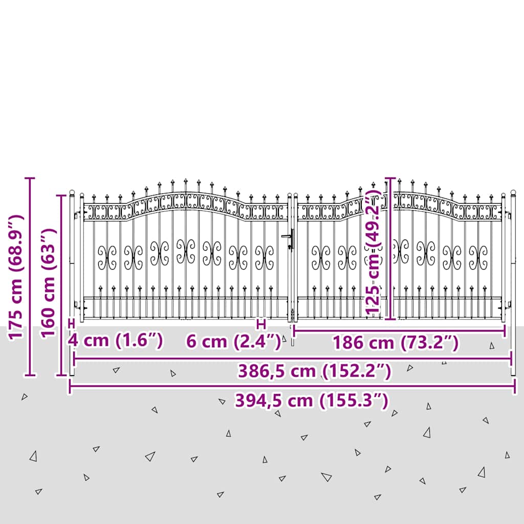 vidaXL Πόρτα Περίφραξης KAMPEN με Κορυφή Δόρυ Μαύρη 394,5x125 εκ. Ατσάλι