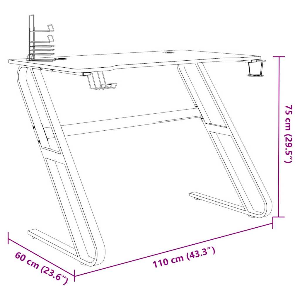vidaXL Γραφείο Gaming Μαύρο 110 x 60 x 75 εκ. με Πόδια σε Σχήμα ΖΖ