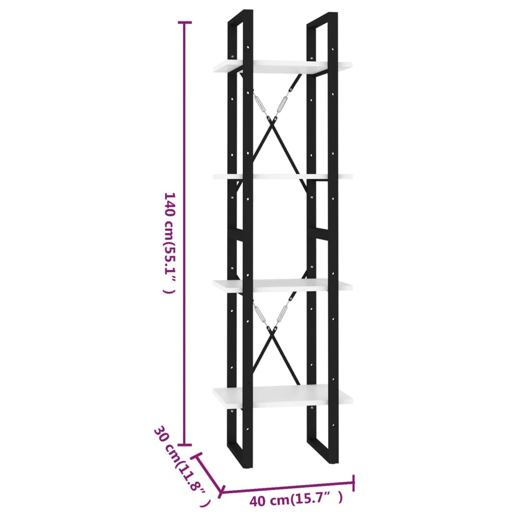 vidaXL Βιβλιοθήκη με 4 Ράφια Λευκή 40 x 30 x 140 εκ. από Επεξ. Ξύλο