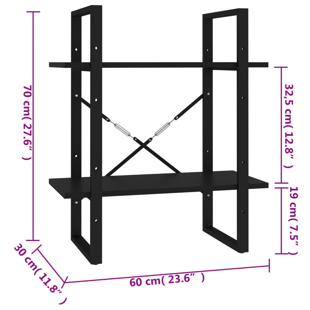 vidaXL Βιβλιοθήκη με 2 Ράφια Μαύρη 60 x 30 x 70 εκ. από Επεξ. Ξύλο