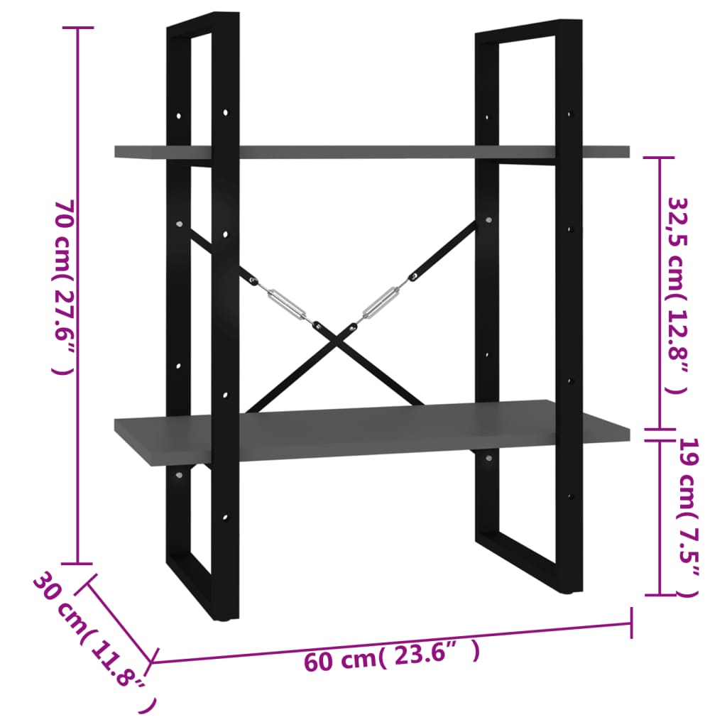 vidaXL Βιβλιοθήκη με 2 Ράφια Γκρι 60 x 30 x 70 εκ. από Επεξ. Ξύλο