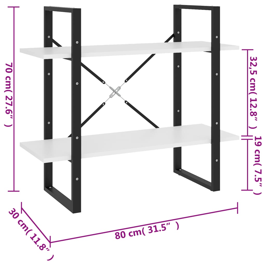 vidaXL Βιβλιοθήκη με 2 Ράφια Λευκή 80 x 30 x 70 εκ. από Επεξ. Ξύλο