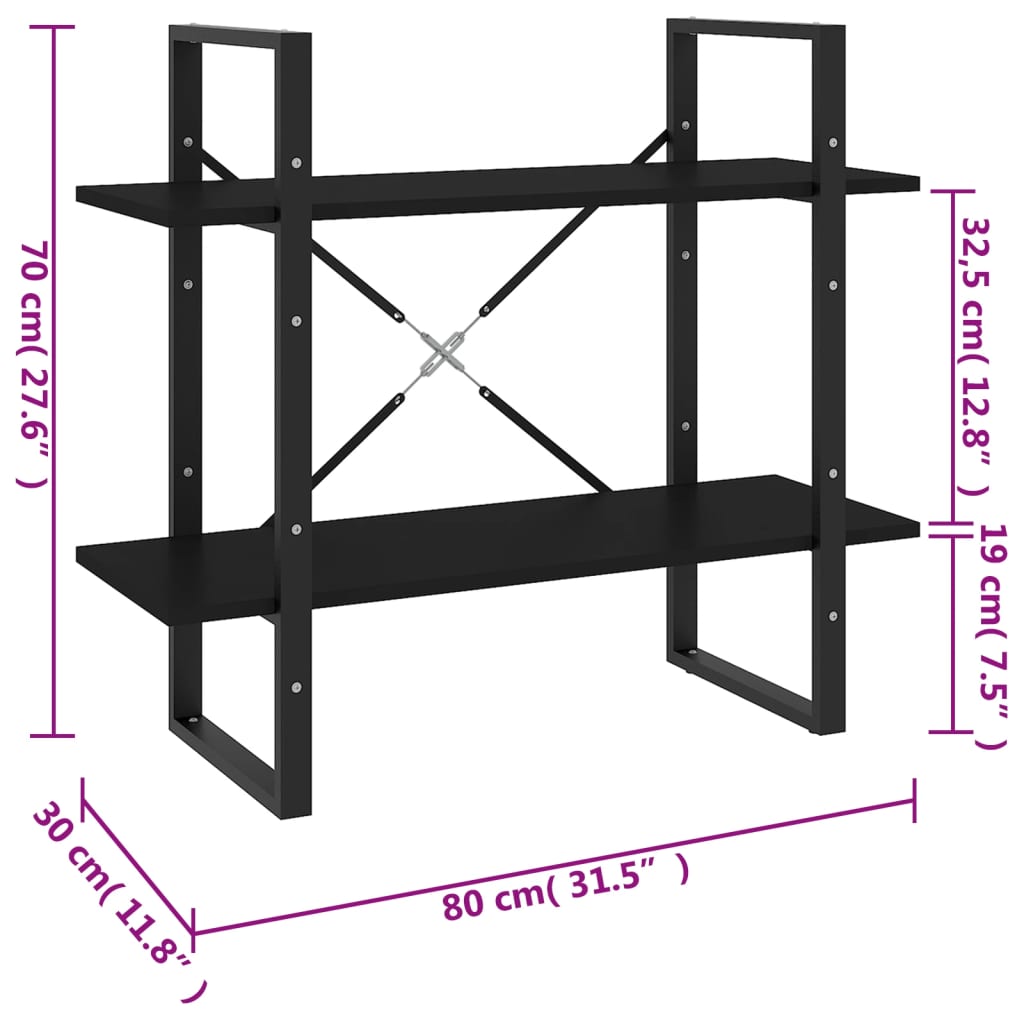 vidaXL Βιβλιοθήκη με 2 Ράφια Μαύρη 80 x 30 x 70 εκ. από Επεξ. Ξύλο