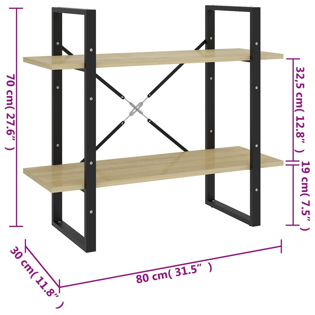 vidaXL Βιβλιοθήκη με 2 Ράφια Sonoma Δρυς 80 x 30 x 70 εκ. Επεξ. Ξύλο