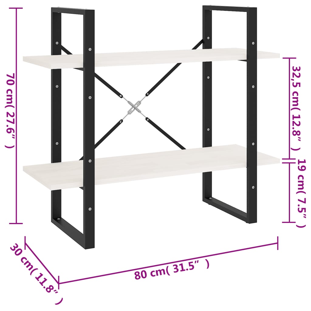 vidaXL Βιβλιοθήκη με 2 Ράφια Λευκή 80x30x70 εκ. από Μασίφ Ξύλο Πεύκου