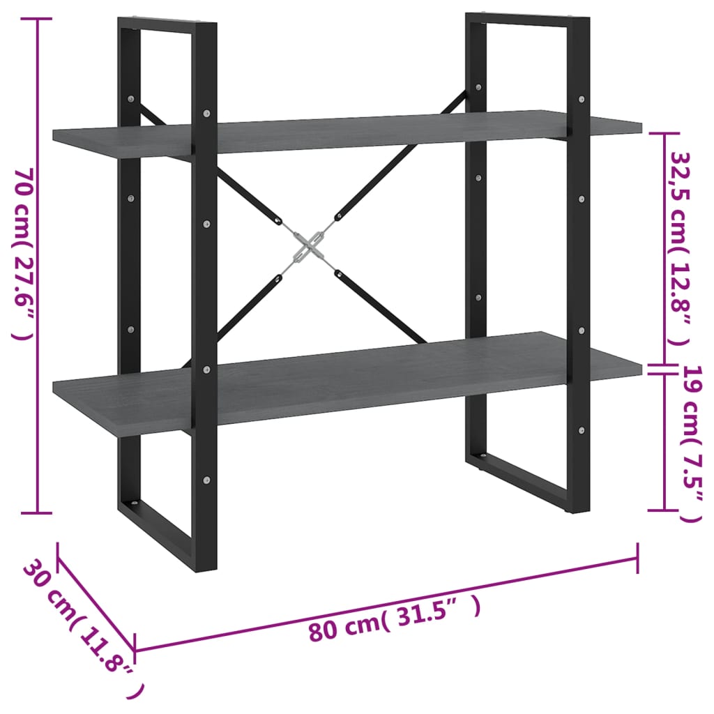 vidaXL Βιβλιοθήκη με 2 Ράφια Γκρι 80 x 30 x 70 εκ. Μασίφ Ξύλο Πεύκου