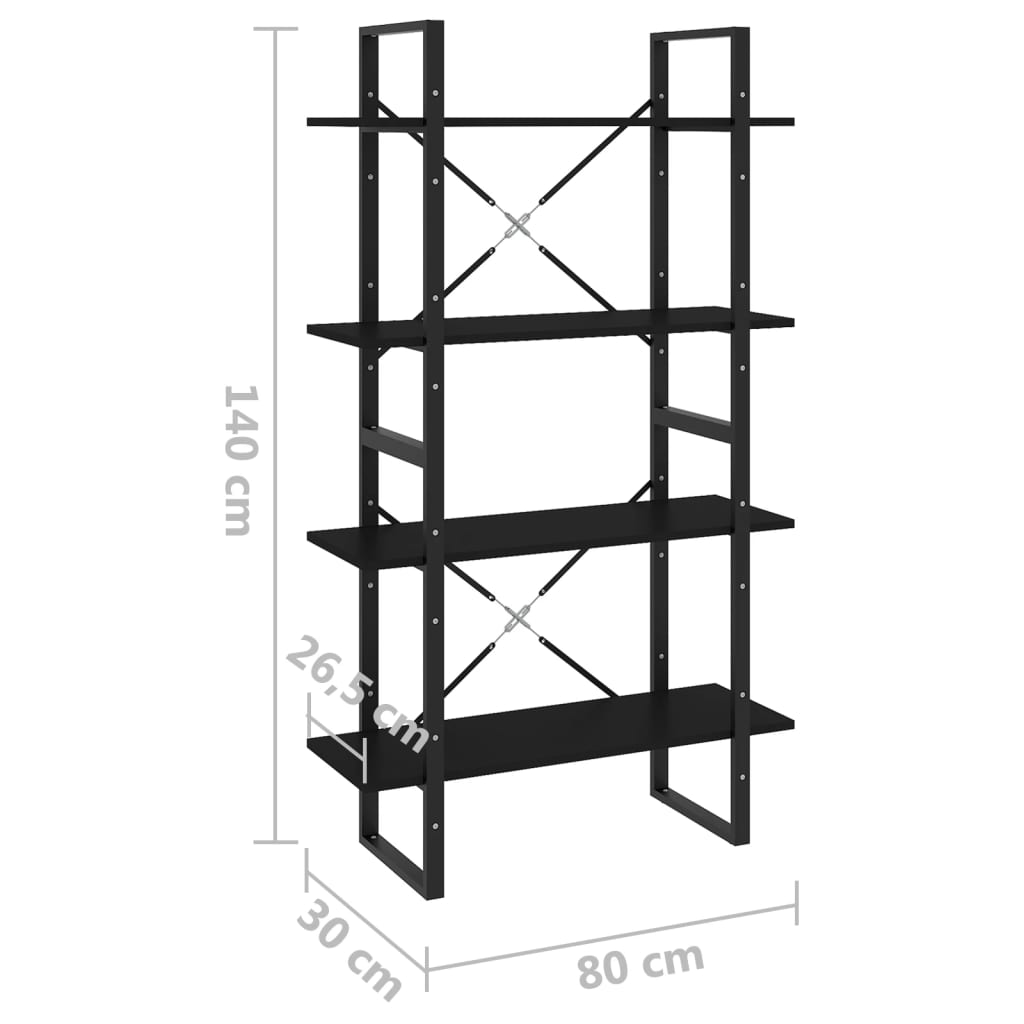vidaXL Βιβλιοθήκη με 4 Ράφια Μαύρη 80 x 30 x 140 εκ. από Επεξ. Ξύλο