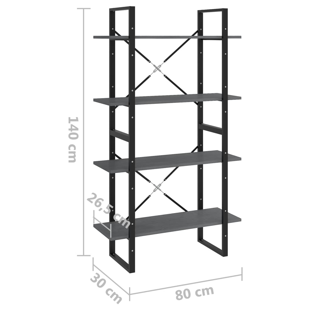 vidaXL Βιβλιοθήκη με 4 Ράφια Γκρι 80 x 30 x 140 εκ. Μασίφ Ξύλο Πεύκου