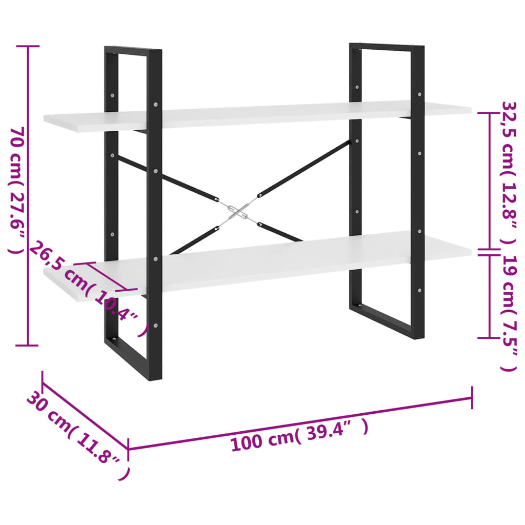 vidaXL Βιβλιοθήκη με 2 Ράφια Λευκή 100 x 30 x 70 εκ. από Επεξ. Ξύλο
