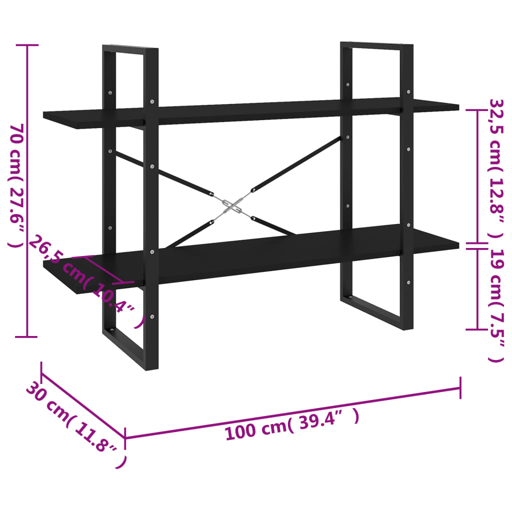 vidaXL Βιβλιοθήκη με 2 Ράφια Μαύρη 100 x 30 x 70 εκ. από Επεξ. Ξύλο