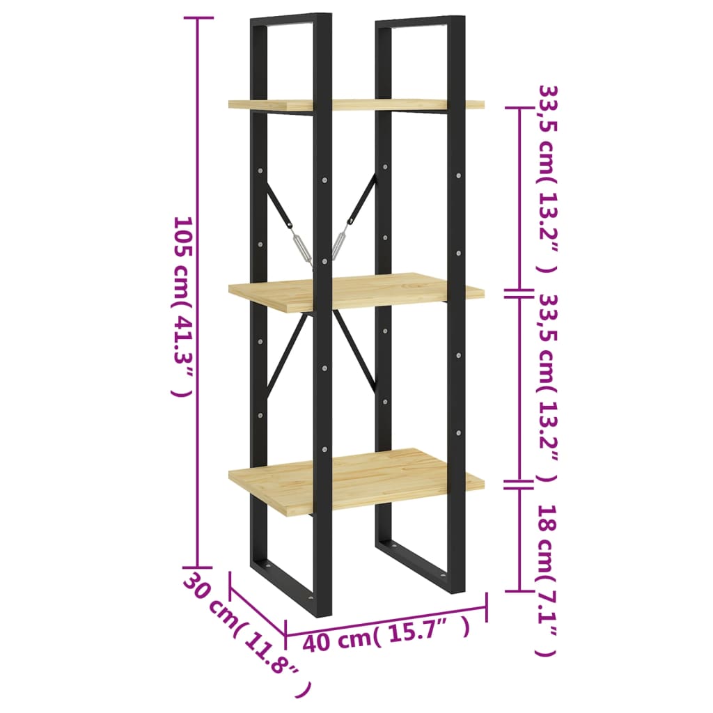 vidaXL Βιβλιοθήκη με 3 Ράφια 40 x 30 x 105 εκ. από Μασίφ Ξύλο Πεύκου
