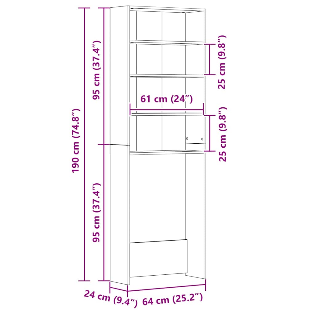 vidaXL Ντουλάπι Πλυντηρίου Γυαλιστερό Μαύρο 64 x 24 x 190 εκ.
